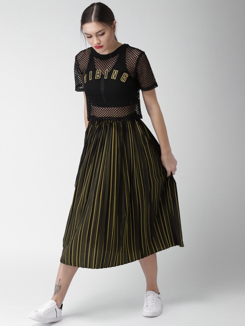 

Mast & Harbour Olive Green & Yellow Striped Pleated Midi A-line Skirt