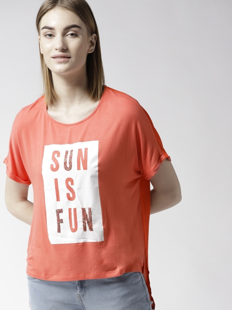 

Mast & Harbour Women Coral Red Printed & Embellished Boxy Top