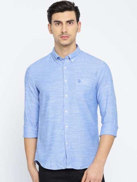 

U.S. Polo Assn. Men Blue Tailored Fit Self Design Casual Shirt