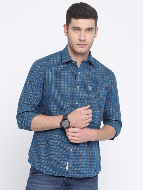 

U.S. Polo Assn. Men Teal Blue Tailored Fit Checked Casual Shirt