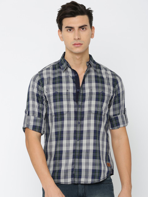 

Roadster Men Navy Blue & Grey Regular Fit Checked Casual Shirt