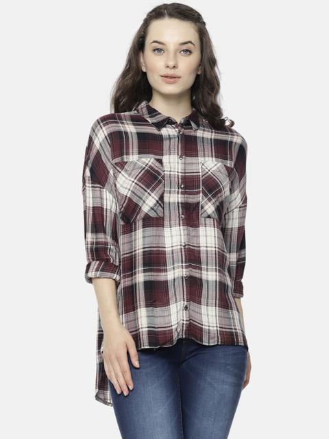 

ONLY Women Maroon & White Checked Shirt