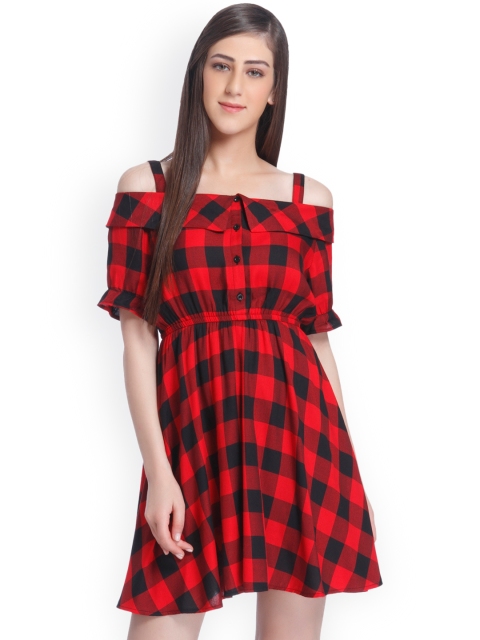 

ONLY Women Red & Black Checked Fit & Flare Dress