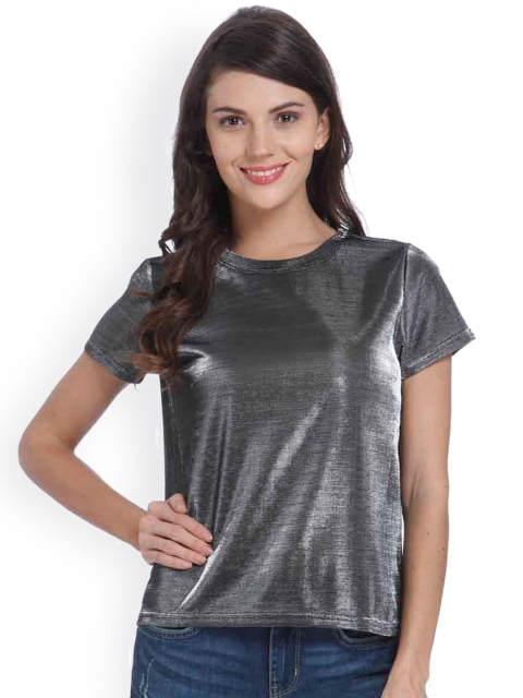 

ONLY Women Charcoal Solid Round Neck T-shirt