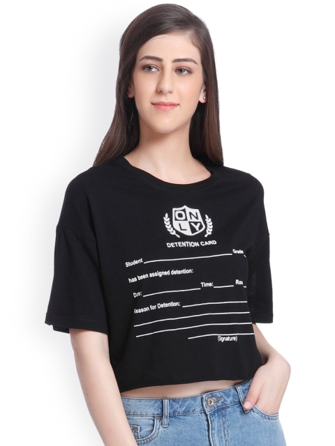 

ONLY Women Black Printed Crop Pure Cotton T-shirt