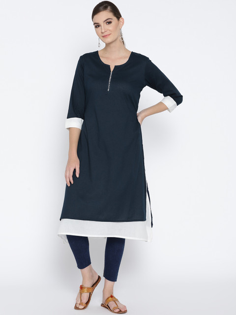 

Jashn Women Navy Blue & White Solid A-Line Kurta