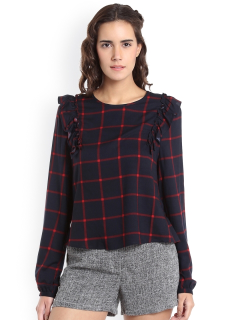

Vero Moda Women Navy & Red Checked Top, Navy blue