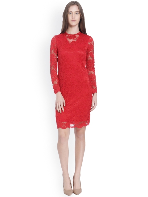 

Vero Moda Women Red Solid Bodycon Lace Dress