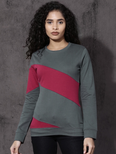

Roadster Women Grey & Pink Colourblocked Sweatshirt