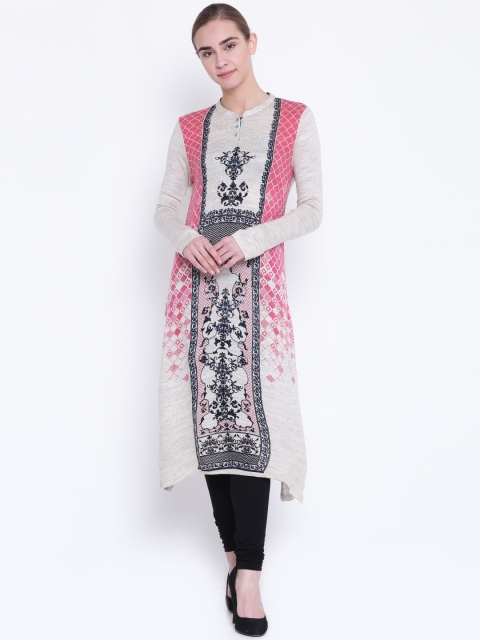 

AURELIA Women Beige & Pink Printed Straight Kurta