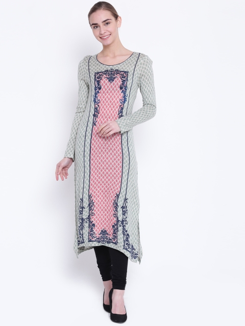 

AURELIA Women Green & Pink Printed Straight Kurta