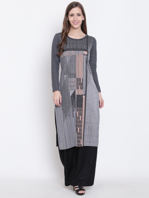 

AURELIA Women Grey Printed Straight Kurta