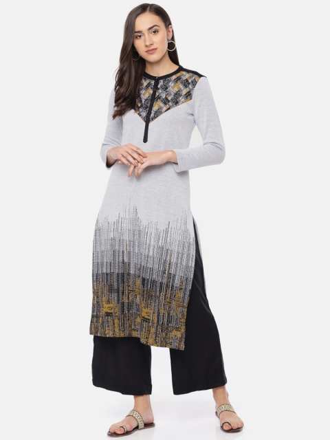 

AURELIA Women Grey & Olive Green Printed Straight Kurta