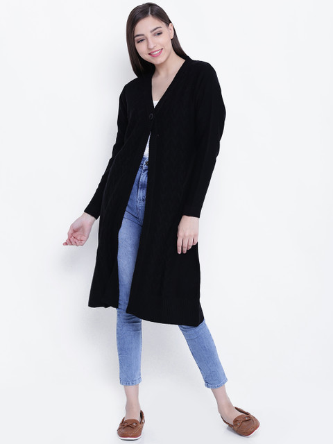 

AURELIA Women Black Self-Design Longline Cardigan