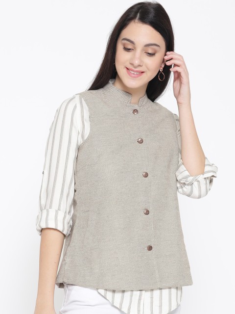 

AURELIA Women Beige Solid Sleeveless Jacket