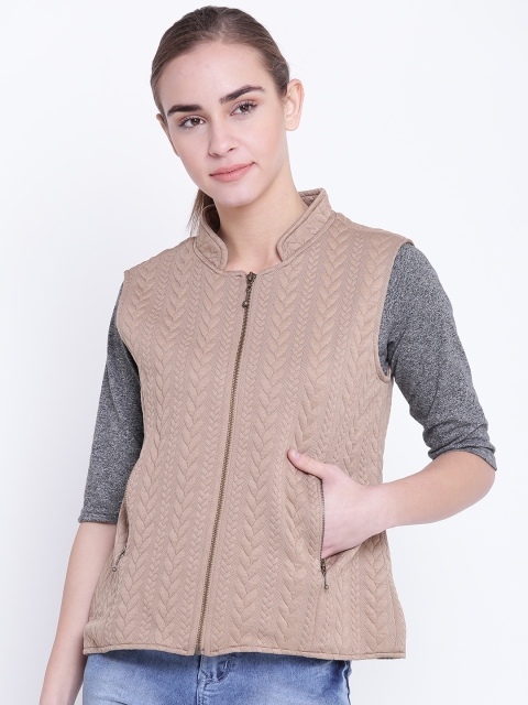 

AURELIA Women Brown Self Design Sleeveless Tailored Jacket, Beige