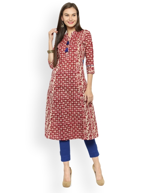 

Indibelle Women Maroon & Cream-Coloured Printed A-Line Kurta