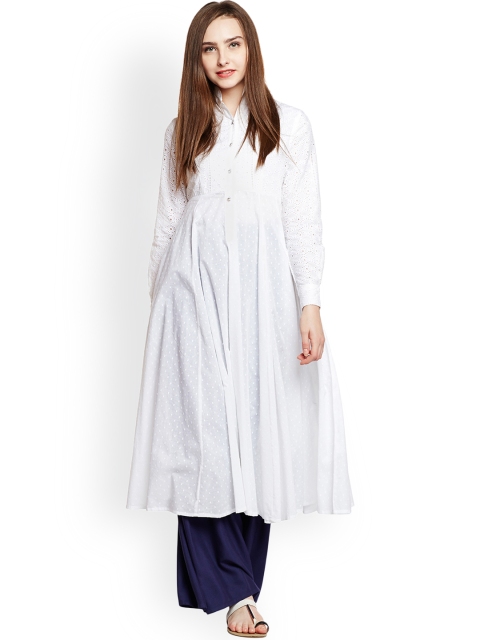 

PANIT Women White Woven Design A-Line Kurta