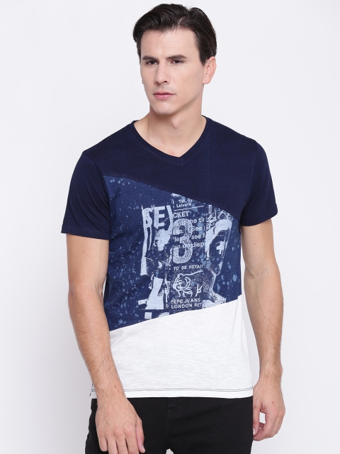 

Pepe Jeans Men Navy Blue Printed V-Neck Pure Cotton T-shirt