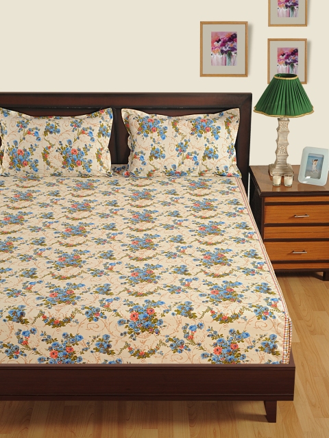 

SWAYAM Off-White Floral Flat 180 TC Cotton 1 King Bedsheet with 2 Pillow Covers