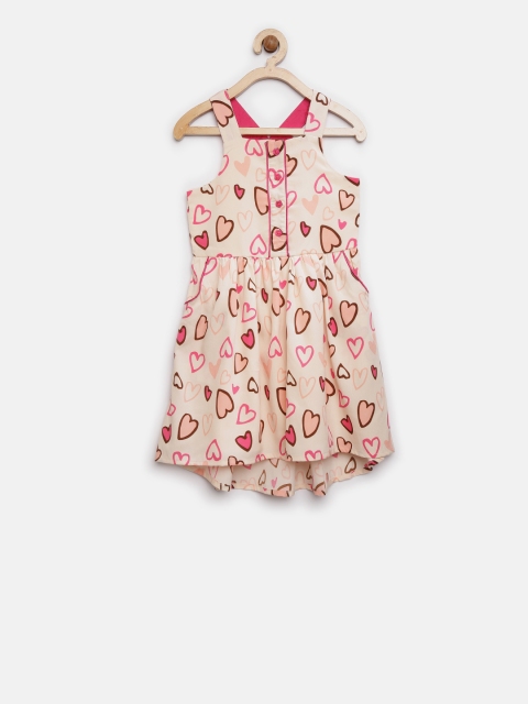 

Nauti Nati Girls Cream-Coloured & Pink Printed Fit and Flare Dress