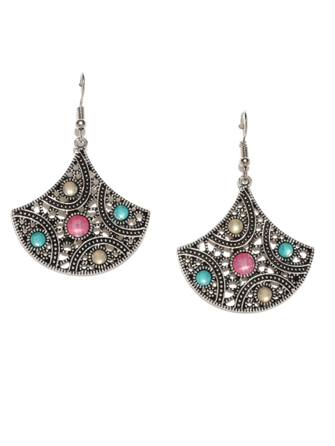 

Rubans Oxidised Silver-Toned & Pink Crescent Drop Earrings