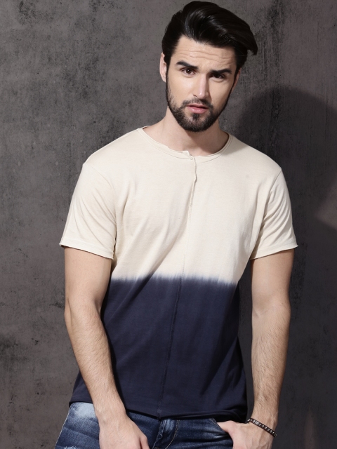 

Roadster Men Cream-Coloured & Navy Blue Dyed Round Neck T-shirt