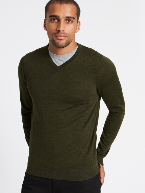 

Marks & Spencer Men Olive Green Wool Solid Pullover