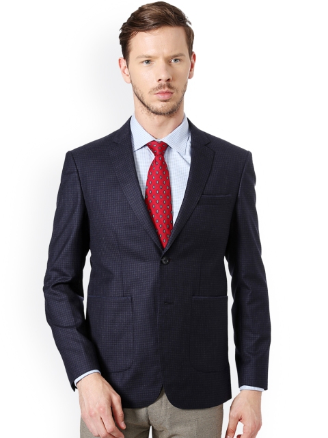 

Peter England Navy Slim Fit Checked Woollen Single-Breasted Formal Blazer, Navy blue