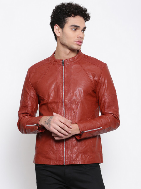 

The Indian Garage Co Men Rust Red Solid Biker Jacket