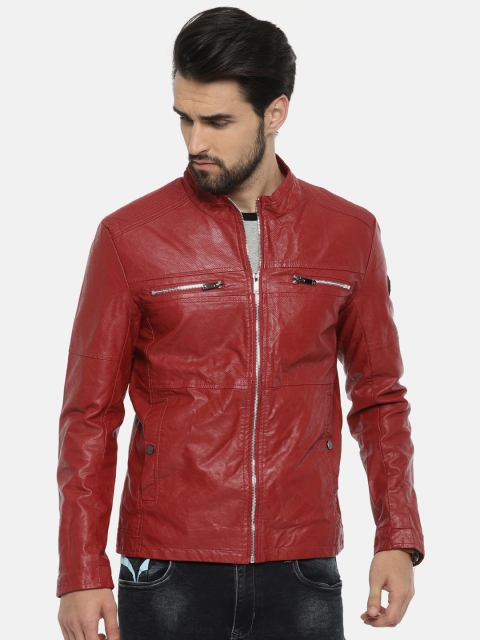 

The Indian Garage Co Men Rust Red Solid Biker Jacket