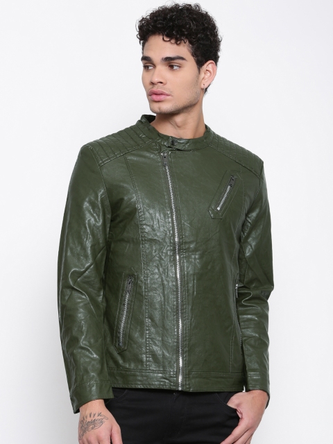 

The Indian Garage Co Men Green Solid Biker Jacket