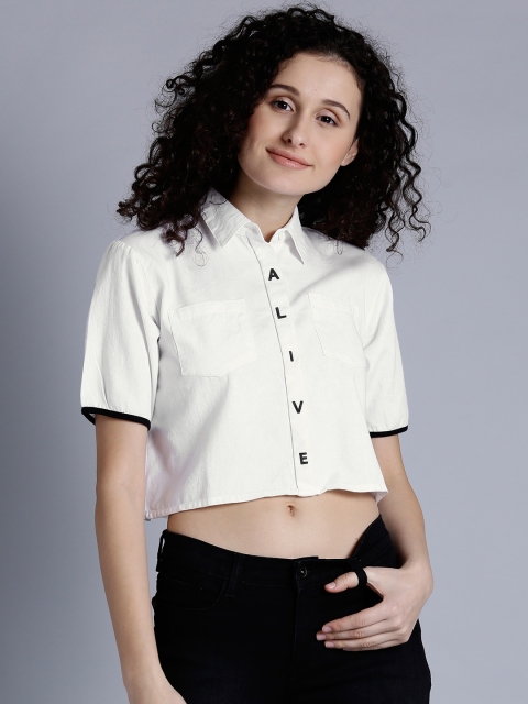 

Kook N Keech Women White Solid Crop Casual Shirt
