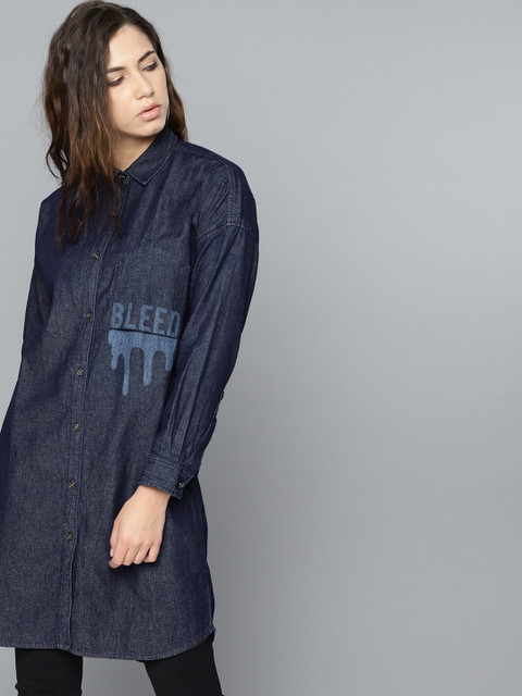 

Kook N Keech Women Navy Blue Chambray Regular Fit Solid Casual Longline Shirt