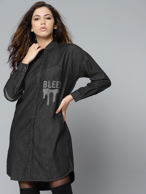 

Kook N Keech Women Charcoal Grey Chambray Regular Fit Solid Casual Longline Shirt
