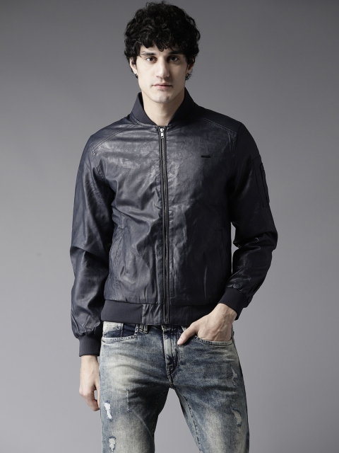 

Flying Machine Men Navy Solid Biker Jacket, Navy blue
