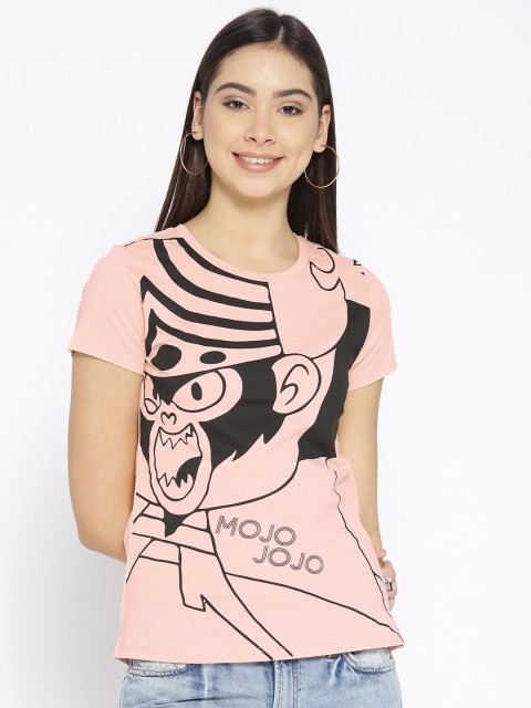

Powerpuff Girls Women Peach-Coloured & Black Printed Round Neck T-shirt