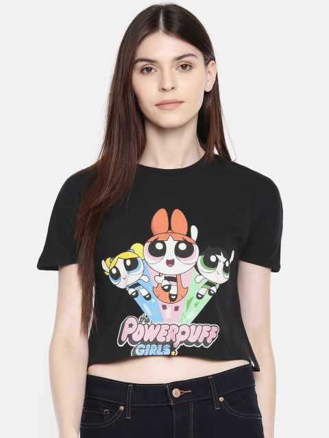 

Powerpuff Girls Women Black Printed Round Neck Cropped T-shirt