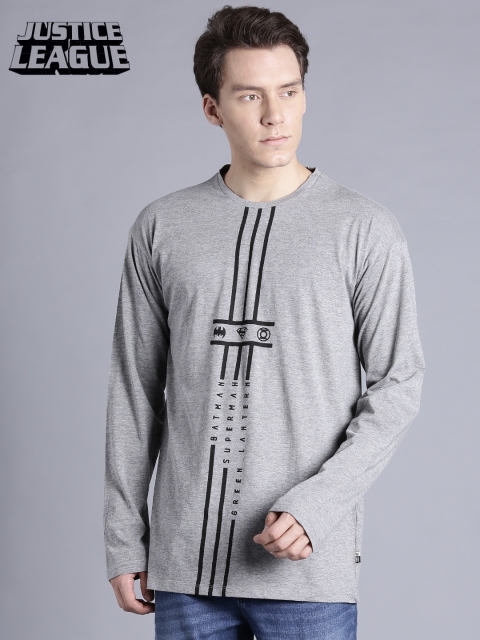 

Justice League Men Grey Melange Printed Round Neck Longline T-shirt
