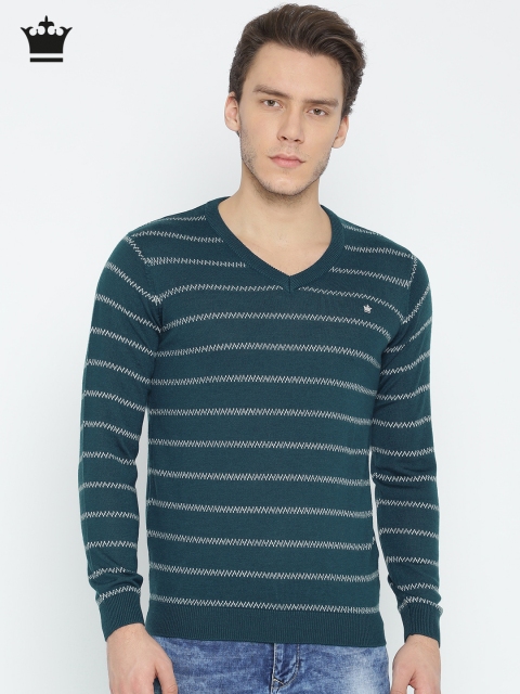 

Louis Philippe Men Teal Green Striped Pullover Sweter