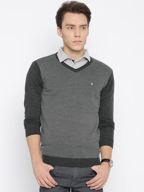 

Louis Philippe Men Charcoal Self Design Pullover