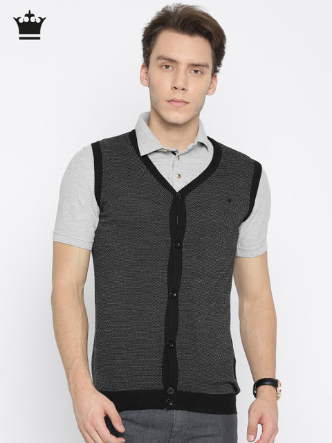 

Louis Philippe Men Black Self Design Sweater Vest