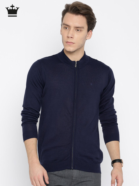

Louis Philippe Men Navy Blue Solid Front-Open Sweater