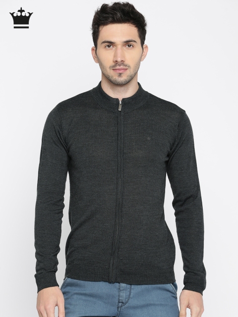 

Louis Philippe Men Charcoal Solid Front-Open Sweater