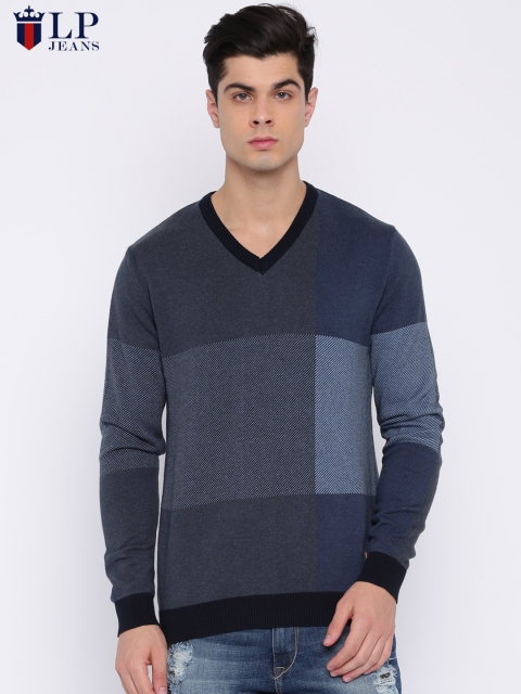 

Louis Philippe Jeans Men Blue & Grey Colourblocked Pullover