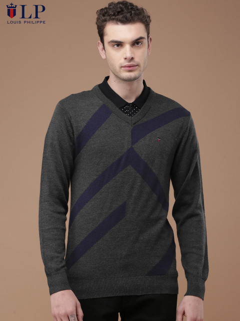 

Louis Philippe Sport Men Grey & Purple Striped Pullover