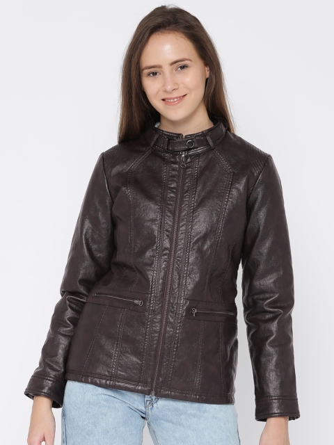 

Fort Collins Women Coffee Brown Solid Biker Jacket