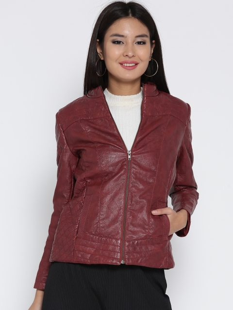 

Fort Collins Women Maroon Solid Biker Jacket