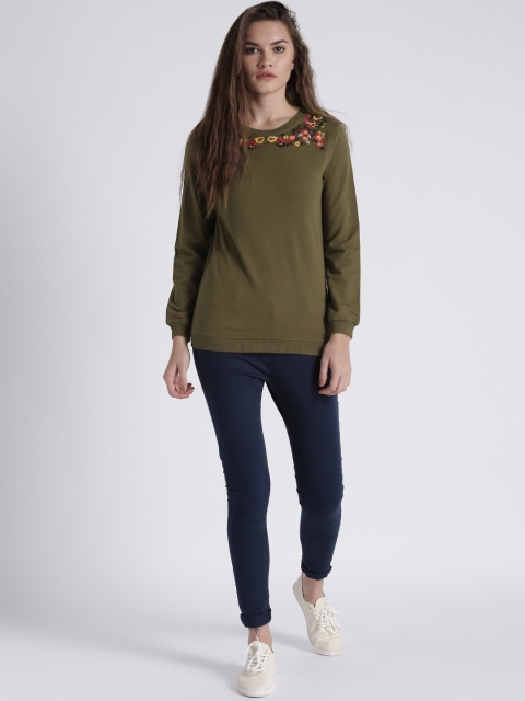 

Splash Women Olive Green Self Design Sweatshirt