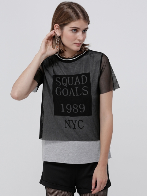 

Splash Women Grey Melange & Black Printed Layered Top